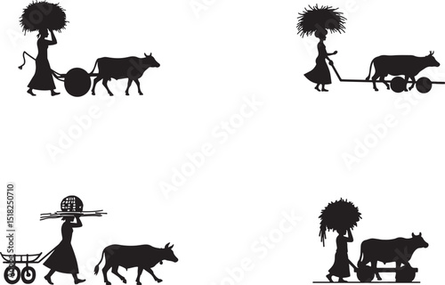 Rural Life Silhouettes Women and Oxen in Agricultural Work