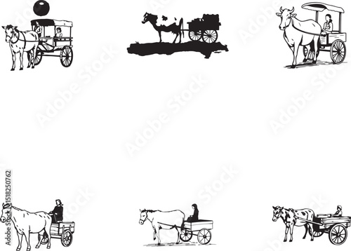 Traditional Horse-Drawn Carts Silhouettes of Rural Transportation