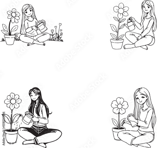 Girls Watering Potted Flowers Line Art Illustration Set