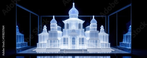 A luminous architectural model with intricate domes and towers, displayed in a glass case against a dark background.