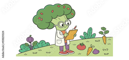 Cartoon broccoli character scientist taking notes about vegetables growing in a garden plot with plants and produce