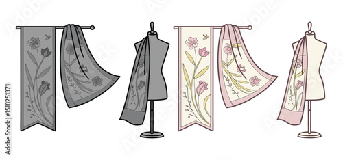 Beautiful illustrations showcase elegant floral patterned scarves draped on mannequins against a simple white background