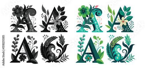 Beautifully illustrated floral letter a with botanical elements in various color palettes and styles for design