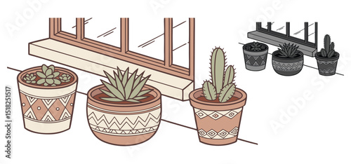 Artistic illustration of potted succulents and cactus plants arranged near a window sill in a cozy home setting