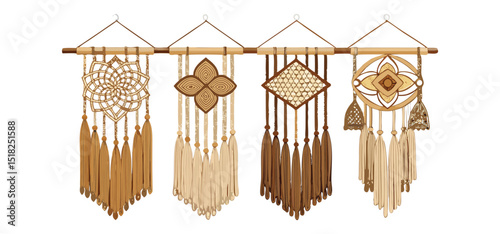 Artistic display of handwoven wall hangings in bohemian style with intricate designs and natural textures.