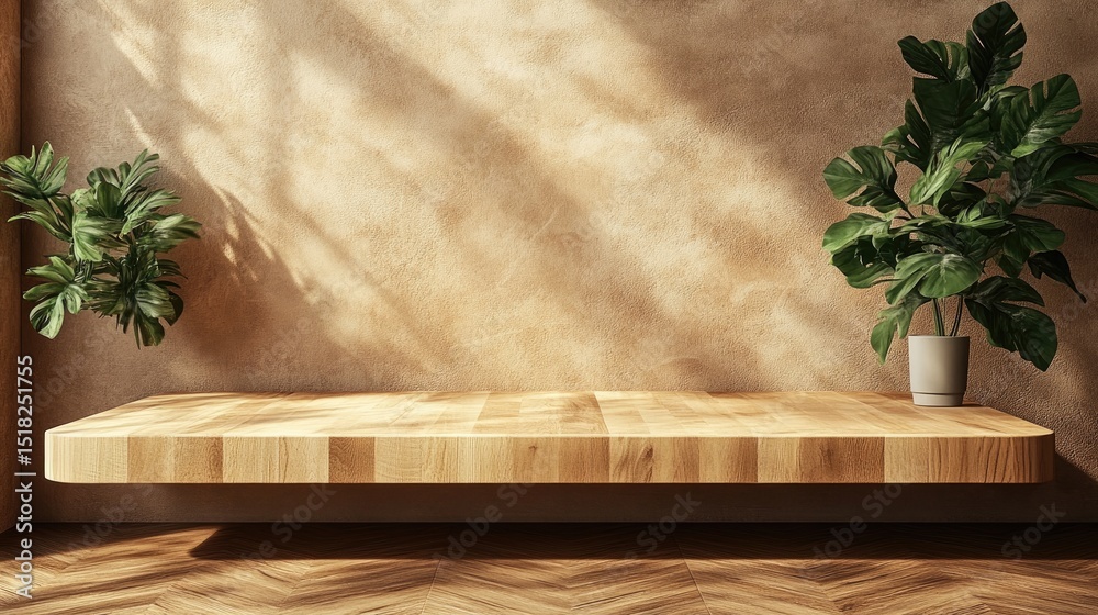 Wooden shelf with potted plants against a beige wall. Wooden shelf with potted plants against a beige wall.