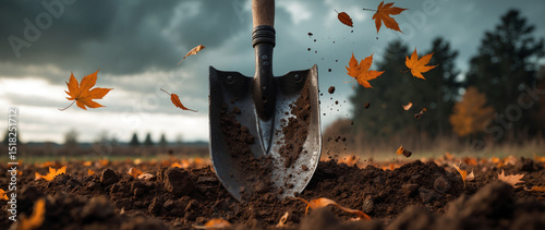 Gardener digging with shovel in autumn leaves on cloudy day
