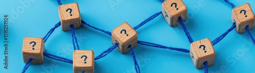 Wooden blocks with question marks are connected by blue strings, symbolizing a network of questions or uncertainty on a blue background.