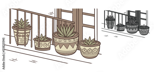 A charming collection of potted succulents displayed on a balcony railing creating a serene and relaxing vibe