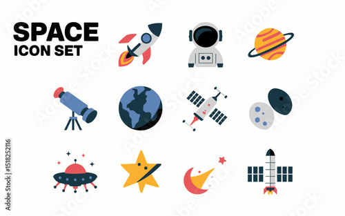 Colorful Space Icons Set Rocket Astronaut Planet Stars Galaxy Universe Exploration Design Elements Graphic Flat Illustration Vector Art Digital Download Premium Quality ufo moon earth solar orbit     