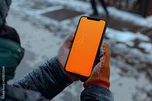 App Mockup Shoulder View of a Adult Man Holding an Smartphone with a Fully Yellow Screen