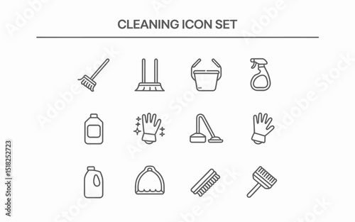Cleaning Service Icons Set Line Art Style Minimalist Design Simple Cleaning Equipment Collection for Website Application Mobile App Graphic Design Project Professional Cleaning Tools Broom Bucket     