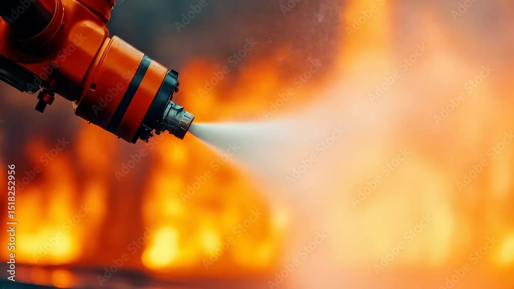 Firefighting robot fire flame emergency technology safety water spray orange heat danger as robotic arm sprays water to extinguish large blaze, showcasing firefighting robot orange spraying water