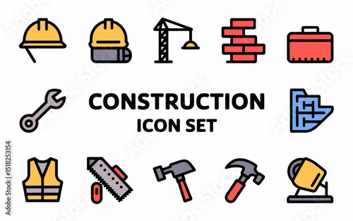 Construction Icon Set Building Industry Tools Engineering Safety Helmet Blueprint Hammer Wrench Crane Bricks Vector Graphics Industrial Design Modern Professional Detailed High Quality Colorful Simple