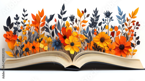 An open book adorned with vibrant paper flowers and foliage captures creativity and nature is beauty. Perfect for artistic projects or spring themes