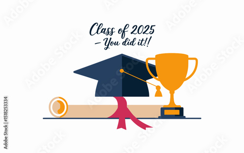 Graduation Cap Diploma Trophy Class of 2025 Achievement Success Celebration Academic Graduate Education Degree Ceremony School College University Student Congratulations Award Winner Golden Blue Red  