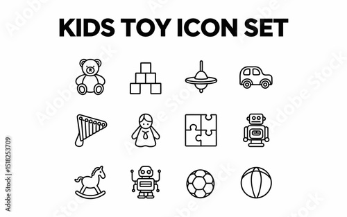 Kids Toy Icon Set Collection Simple Line Art Design Childrens Playthings Graphic Elements Educational Playtime Cute Vector Illustrations Preschool Toddler Baby Rocking Horse Teddy Bear Blocks Puzzle  