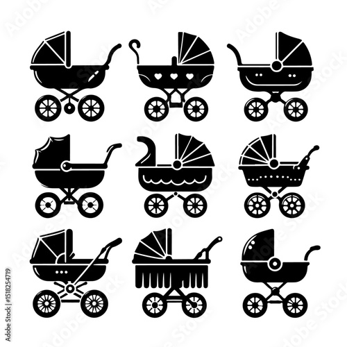  set of a baby stroller silhouette,  baby stroller.