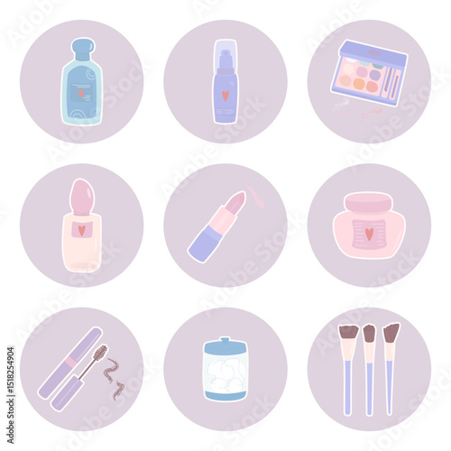 A set of colorful cosmetic icons presented in a nice design that showcases beauty products perfect for makeup lovers. 