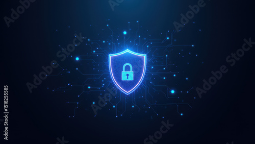 A digital graphic representing cybersecurity with a lock and connectivity lines in blue against a dark background.