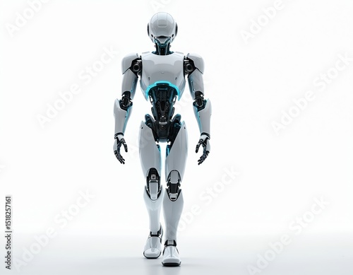 Futuristic humanoid robot walking on white background. White plastic android full body. Concept modern tech, cyberspace, ai, automation, future, cybernetics. Digital art illustration for innovative