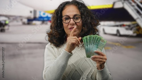 Woman holding rubles at an airport terminal, suggesting secrecy amidst travel plans, depicted with green banknotes outdoors, wearing a white sweater, middle-aged.