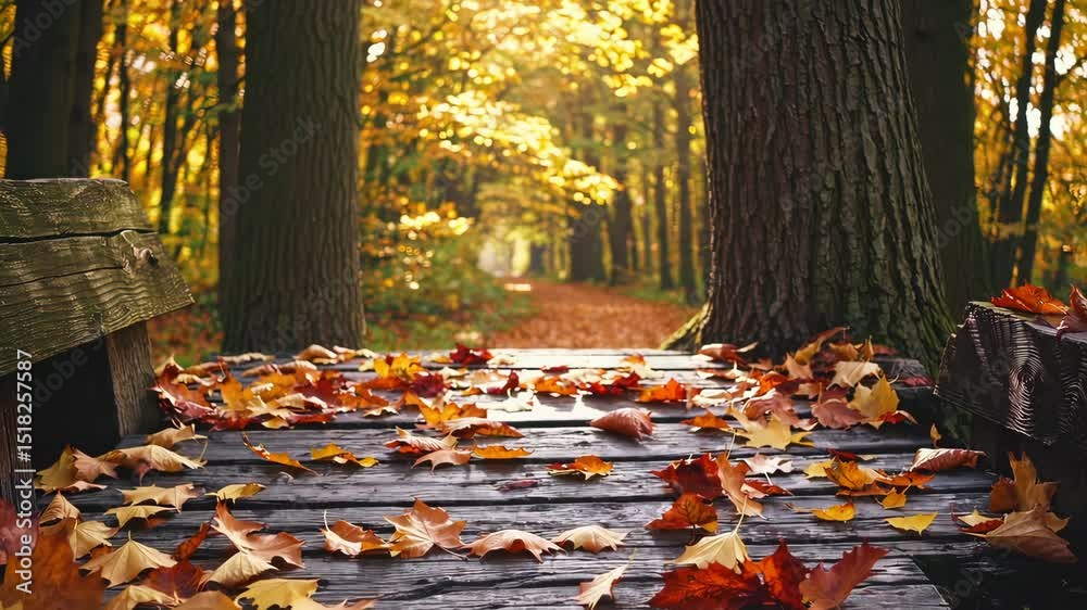 Autumn park path covered in fallen yellow and orange leaves, surrounded by tall trees and empty benches, capturing peaceful seasonal atmosphere and natural forest beauty
