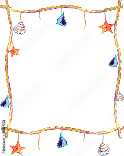 A frame with marine elements on a separate background. Starfish and shells with an anchor rope in vintage style. Vector.