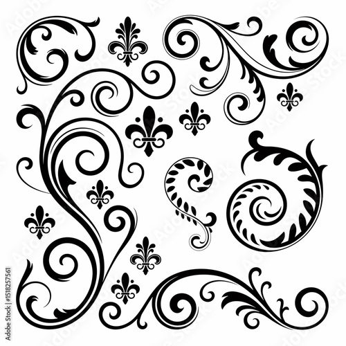 Elegant Black Floral and Swirl Ornaments with Fleur de lis Motifs