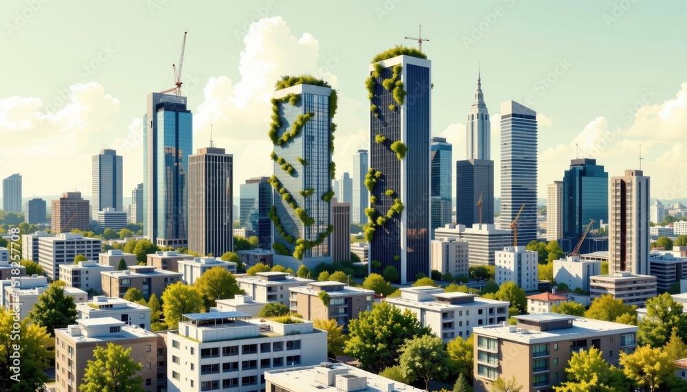 Fototapeta premium Harmonious integration of nature and urban development, cityscape with trees
