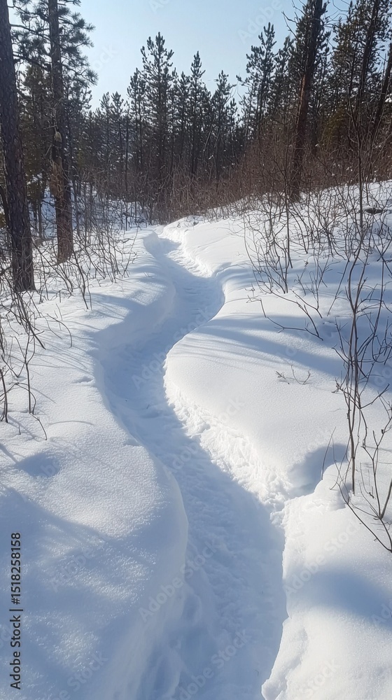 Obraz premium Snowy Forest Path in Winter with Tall Conifer Trees and Clear Sky Creating a Serene Cold Landscape Scene Suitable for Nature or Adventure Themes