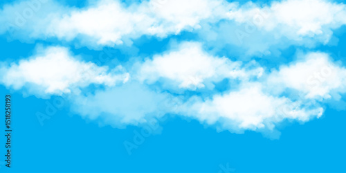 Bottom up view of blue sky with shining sun. White fluffy clouds on a blue sky in spring season.