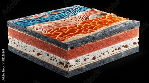 A stylized, cross-sectional model displays multiple colorful, textured layers, resembling a scientific representation of human tissue.