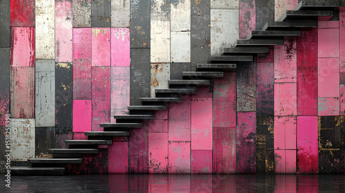 Vibrant abstract staircase against a colorful brick wall, showcasing modern design elements. Perfect for interior and architectural projects
