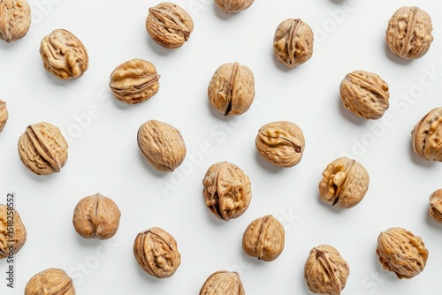 Detailed Color Image of Top Down Flat Lay View of Walnuts on a White Background