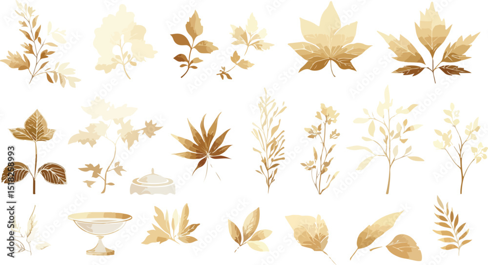 Elegant Botanical Illustration Featuring Golden Leaves Branches and Decorative Vessels on a Clean White Background Ideal for Autumnal Designs and Sophisticated Artistic Compositions botanical Elegant Botanical Illustration Featuring Golden Leaves Branches and Decorative Vessels on a Clean White Background Ideal for Autumnal Designs and Sophisticated Artistic Compositions botanical