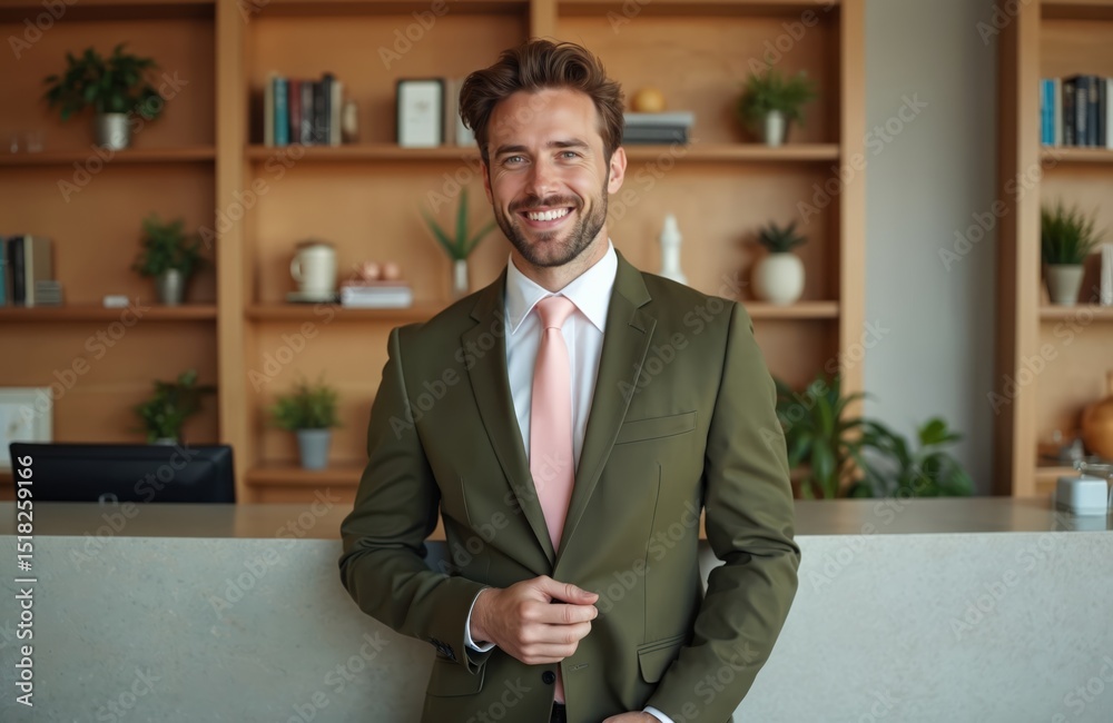 Fototapeta premium Handsome smiling hotel receptionist in suit at reception desk. Man in formal attire, business corporate service. Hospitality, tourism, guest, travel. Friendly, welcoming, confident look.