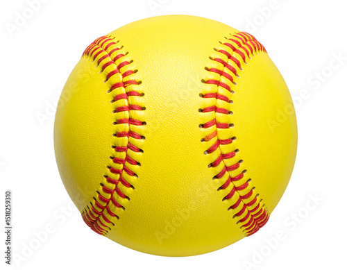 Classic yellow softball with red stitches, top-down view, isolated PNG