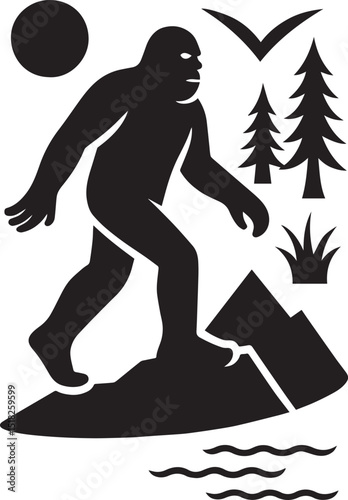 Bigfoot man black and white is walking on the mountain silhouette vector design.eps
