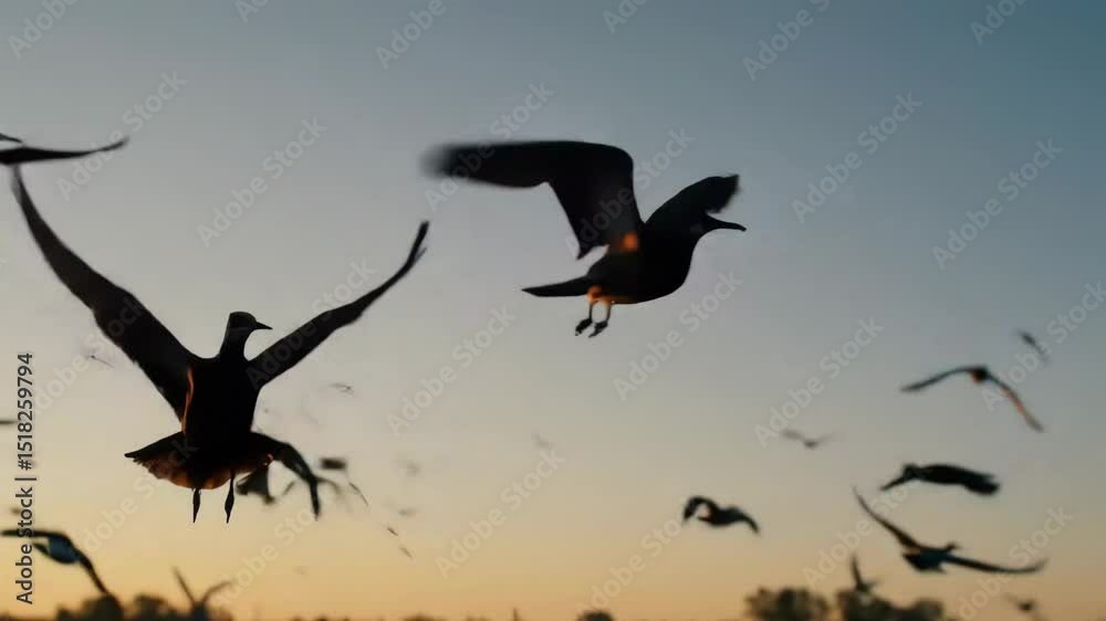 Silhouette of birds in flight at sunset over field
