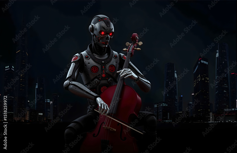 Naklejka premium Robot Playing Cello at Night