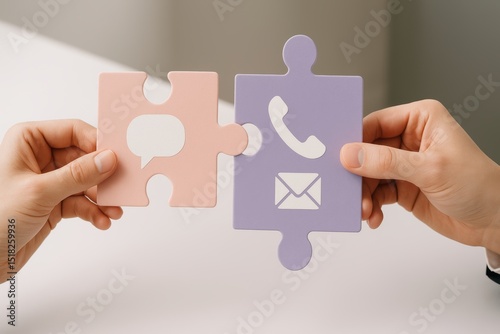 Two hands holding interlocking puzzle pieces with communication icons, symbolizing connection and teamwork