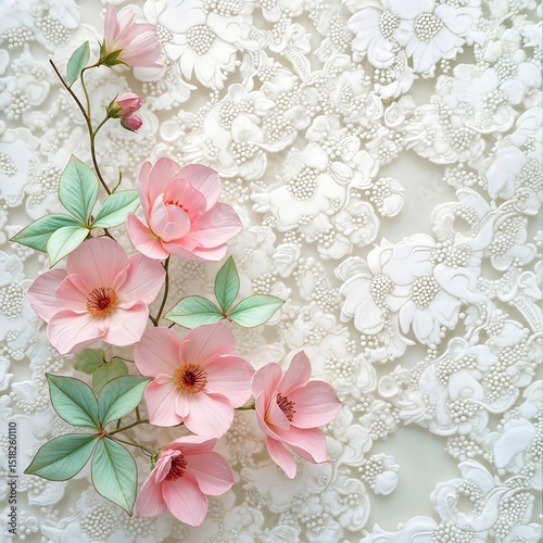 Delicate pink flowers with green leaves gracefully extend over an intricately patterned white lace background, creating a harmonious blend of nature and art