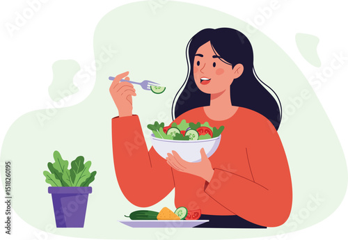 Healthy Eating Cartoon Girl Holding Fresh Salad with Greens, Cucumbers, and Tomatoes – Vegetarian Diet, Weight Loss, and Dinner Flat Vector Illustration