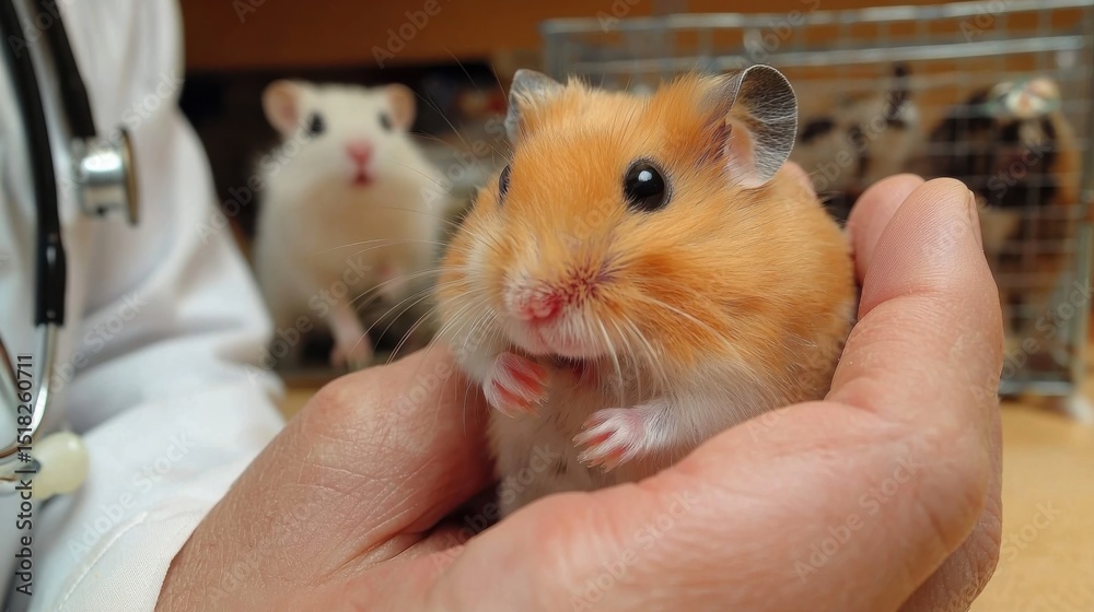 Obraz premium A veterinarian holding a cute golden hamster during a checkup with a white hamster in background.