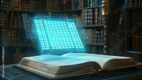 Digital Transformation of Knowledge Through Ancient Book with Glowing Holographic Display 4k video footage