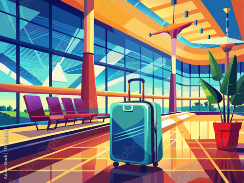 A stylish vector of a suitcase standing upright on a bright airport terminal background