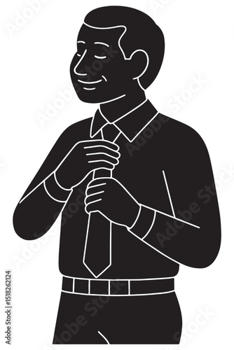 Silhouette of a man adjusting his tie with both hands near neck