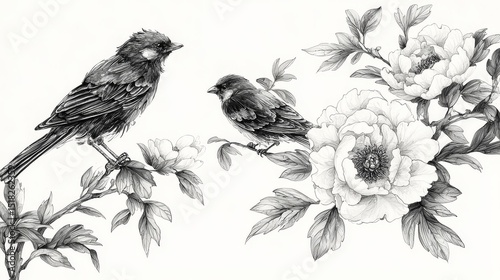 Fototapeta Naklejka Na Ścianę i Meble -  Traditional Chinese ink painting of two birds with peony flowers on white background, simple brushstrokes, detailed and high-definition artwork