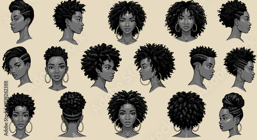 Diverse Illustrations of Black Women Showcasing Various Hairstyles